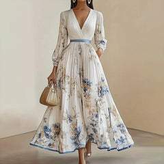 Women's Floral Print V-Neck Long Sleeve Maxi Dress A-Line Flowy Ruffled For Spring&Summer Vacation & Evening Party