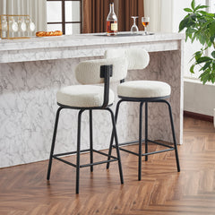 Modern Swivel Bar Stools Set of 2, Boucle Upholstered Counter Height Bar Chairs with Metal Legs & Footrest, 360° Swivel Barstools for Kitchen Island, Dining Room, White