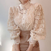 Elegant Women's Vintage Pearl Button Lace Blouse - Puff Sleeve Semi-Sheer Ruffled Stand Collar Shirt