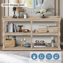 Console Table with 3-Tier Open Storage Spaces And Roman Column Effect Support Legs - Antique Wood+White