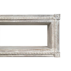 37 Inch Mango Wood Floating Wall Shelf Unit, Rectangular, Carvings, Distressed White