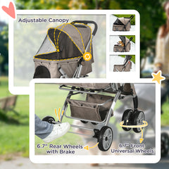 Dog/Pet Stroller for Small Dogs/Cats, 4 Wheels One-Click Fold with Swivel Wheels, Brake, Basket Storage, Safety Belts, Adjustable Canopy, Zippered Mesh Window Door, Brown