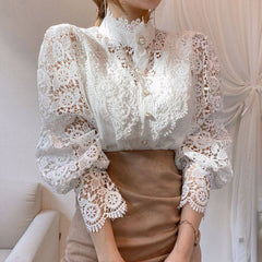 Elegant Women's Vintage Pearl Button Lace Blouse - Puff Sleeve Semi-Sheer Ruffled Stand Collar Shirt