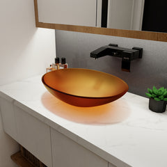 Tempered Glass Matte Bathroom Vessel Sink, Oval Bathroom Basin Matt Tea