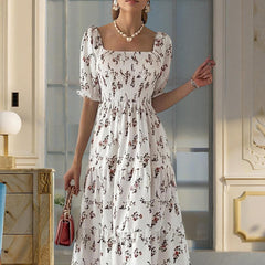 Women's Square Neck Short Sleeve A-Line Floral Print Dress Ruffled Sleeves Bust Smocked Elastic Boho Summer Vacation Dress