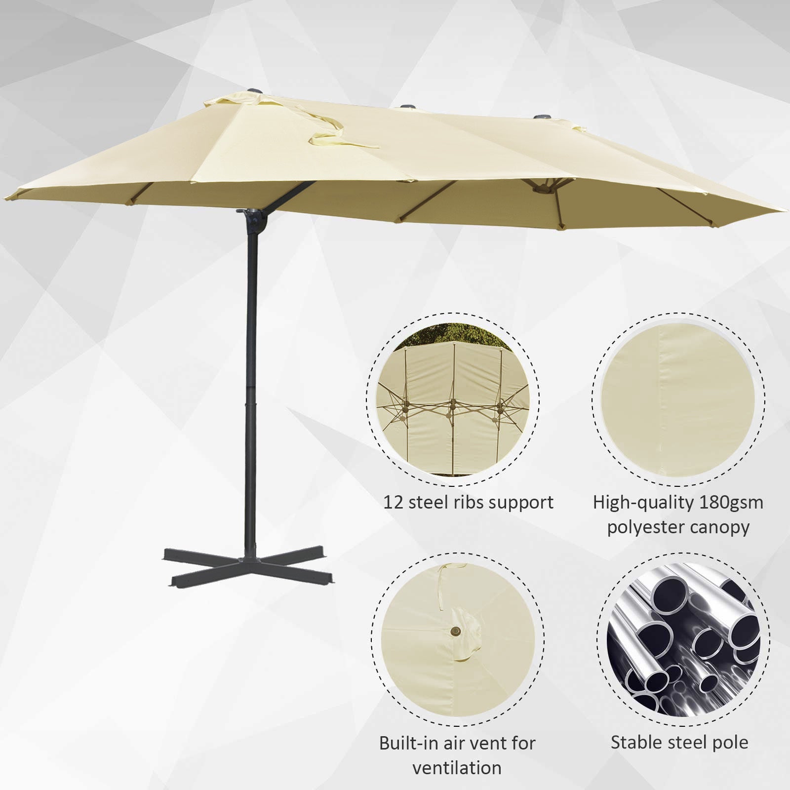 14ft Patio Umbrella Double-Sided Outdoor Market Extra Large Umbrella with Crank, Cross Base for Deck, Lawn, Backyard and Pool, Off-White