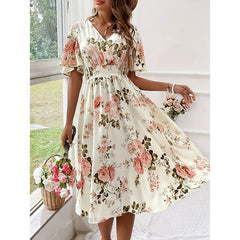 Women's Floral Summer Midi Dress, V-Neck, Empire Waist, Ruffle Short Sleeves