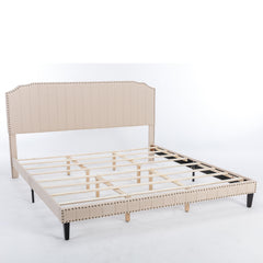 King Size Bed with Headboard Solid Wood Frame, Nailhead Trim - Beige