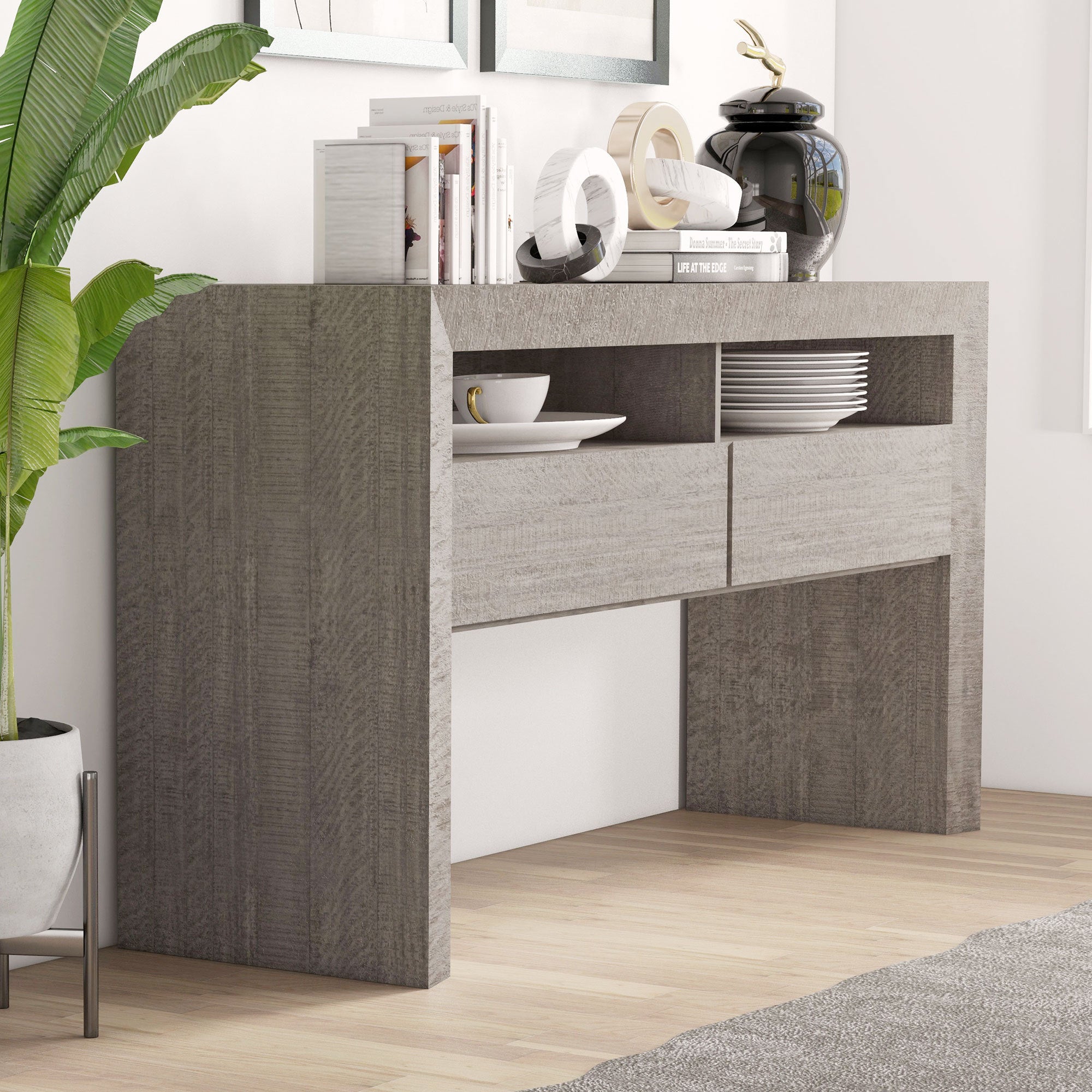 Buffet Storage Cabinet Sideboard Farmhouse Server with 2 Drawers and 2 open Storage Console Table for Kitchen, Dining Living Room Cupboard - Grey