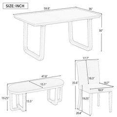 6-Piece Retro-Style Dining Set Includes Dining Table, 4 Upholstered Chairs & Bench with Foam-covered Seat Backs & Cushions - Light Khaki + Beige