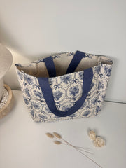 French Provençale Style Tote Bag 14" tall Eco-Friendly botanical floral print - Blue and White