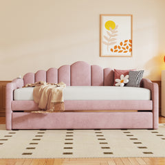 Twin size Upholstered Daybed with Trundle ,Velvet Sofabed with USB Charging Ports, No Box-spring Needed - Pink