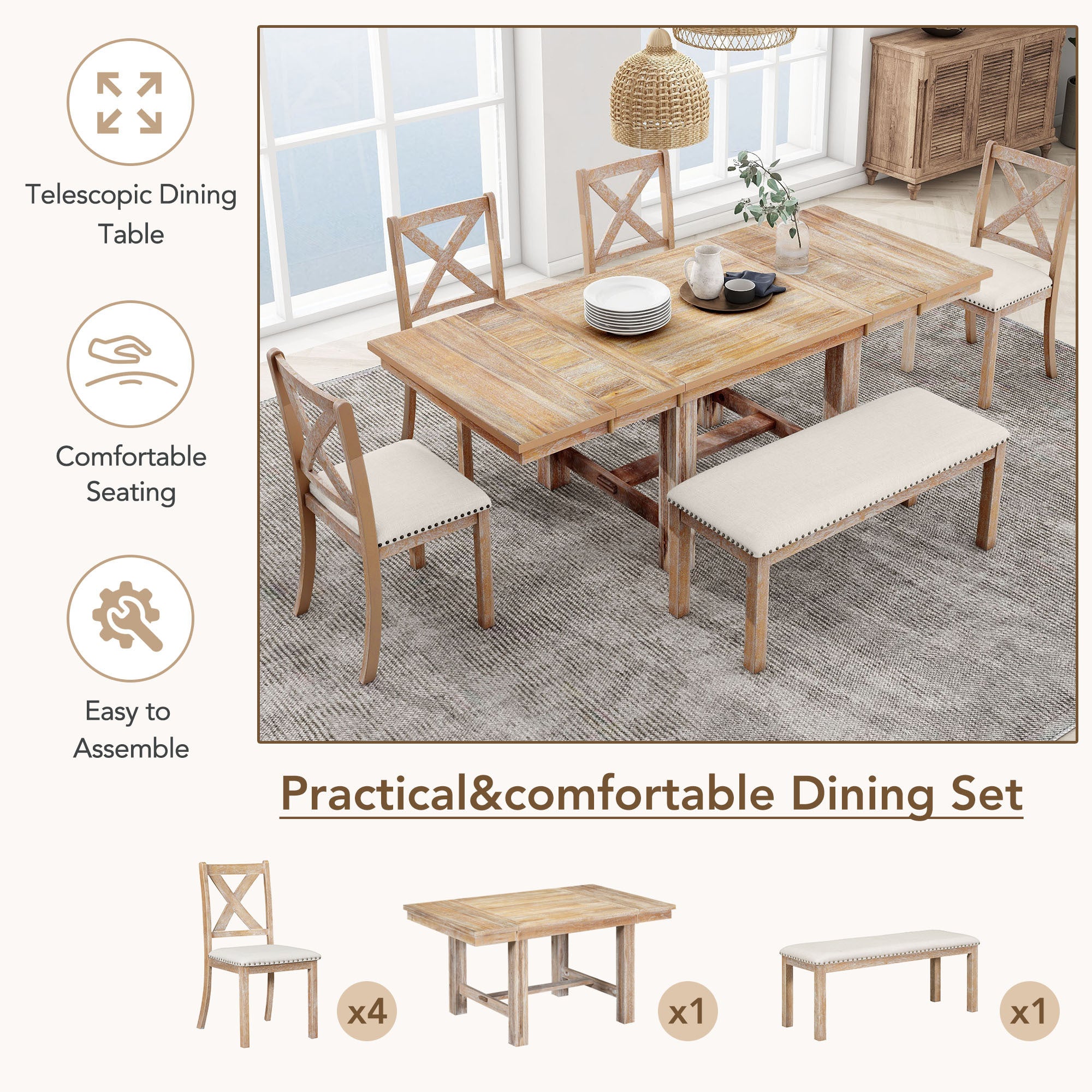 Farmhouse 6-Piece Extendable Dining Table with Footrest, 4 Upholstered Dining Chairs and Dining Bench - Natural+Beige Cushion