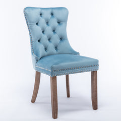 High-end Tufted Solid Wood Contemporary Velvet Upholstered Dining Chair with Wood Legs Nailhead Trim 2-Pcs Set, Light Blue