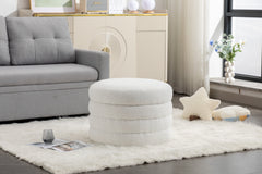 Boucle Fabric Storage Round Ottoman Footstool With Wooden Shelving, Ivory