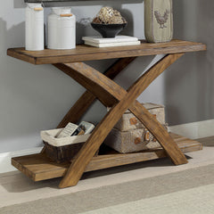 Rustic Console Sofa Table Plank Style Top Antique Light Oak Open Bottom Shelf