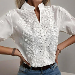 Women's V-Neck Embroidered Lace Short Sleeve Top - Pure White Sheer Mesh Lace Detail, Fashionable Casual Wear For Spring&Summer