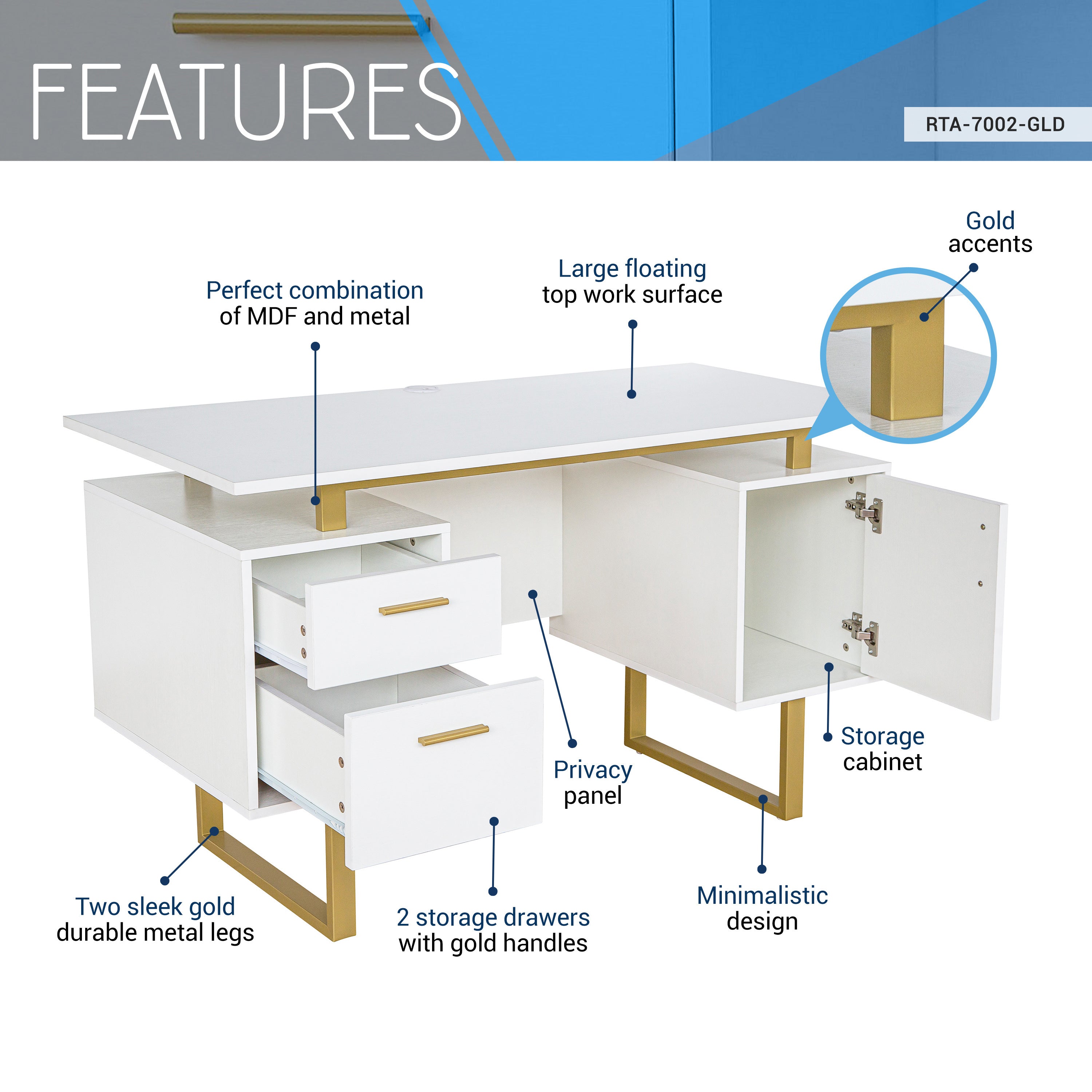 Techni White and Gold Desk for Office with Drawers & Storage, 51.25 in. W