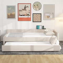Full Size Upholstered Platform Bed with USB and Twin Size Trundle - Beige