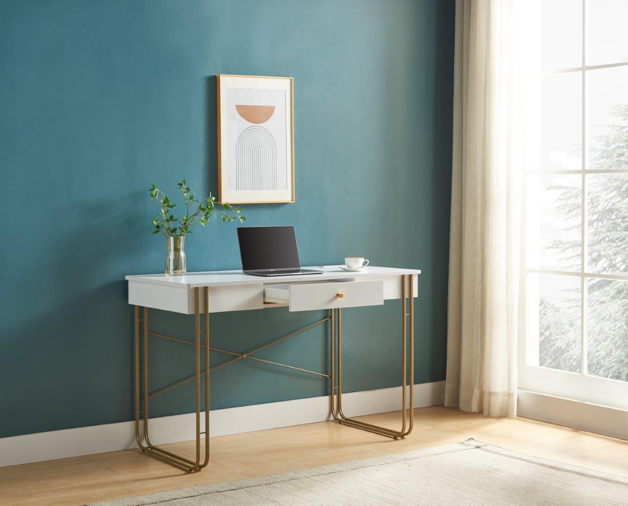 Computer Desk Writing Desk with One Drawer Metal Legs and USB Outlet Port – White & Gold