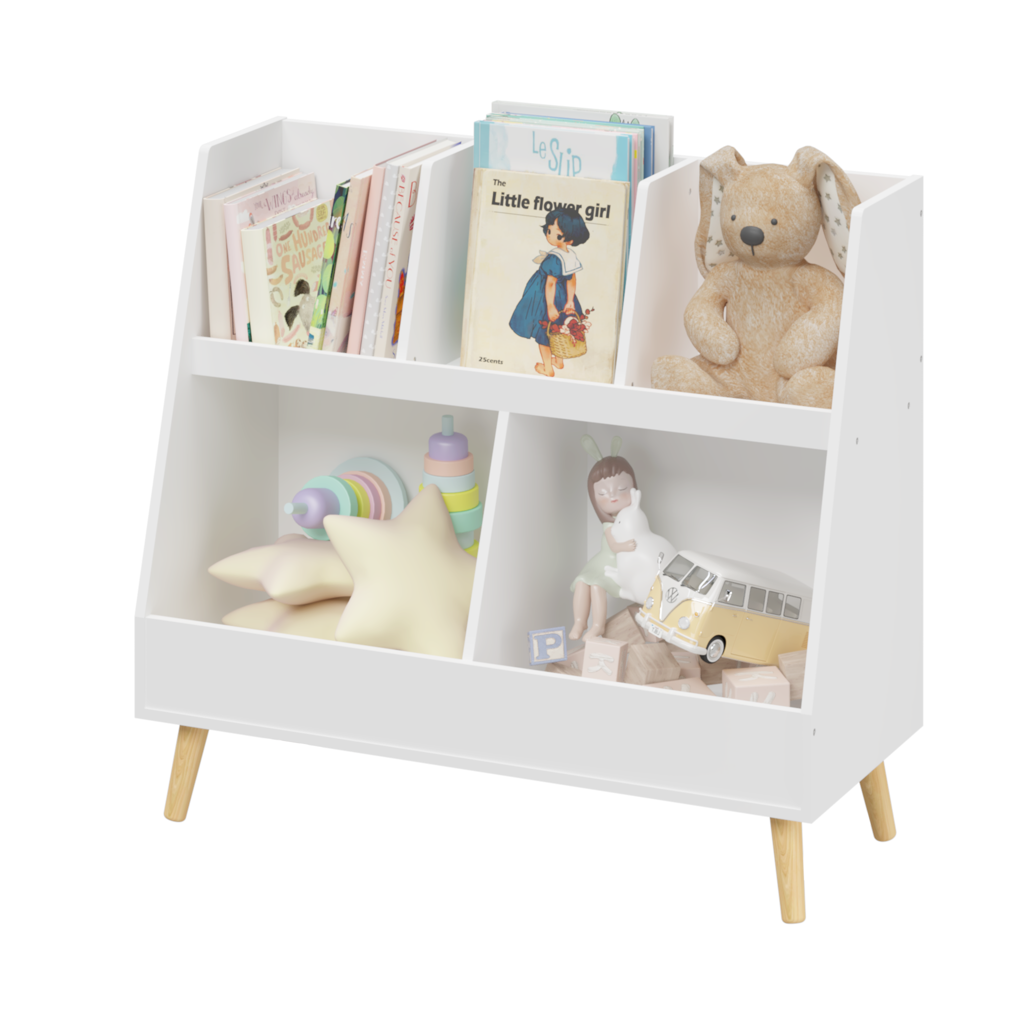 Kids Bookshelf and Toy Organizer, 5 Cubbies Wooden Open Bookcase, 2-Tier Baby Storage Display Organizer with Legs, Free Standing for Playing Room, Bedroom, Nursery, Classroom - White