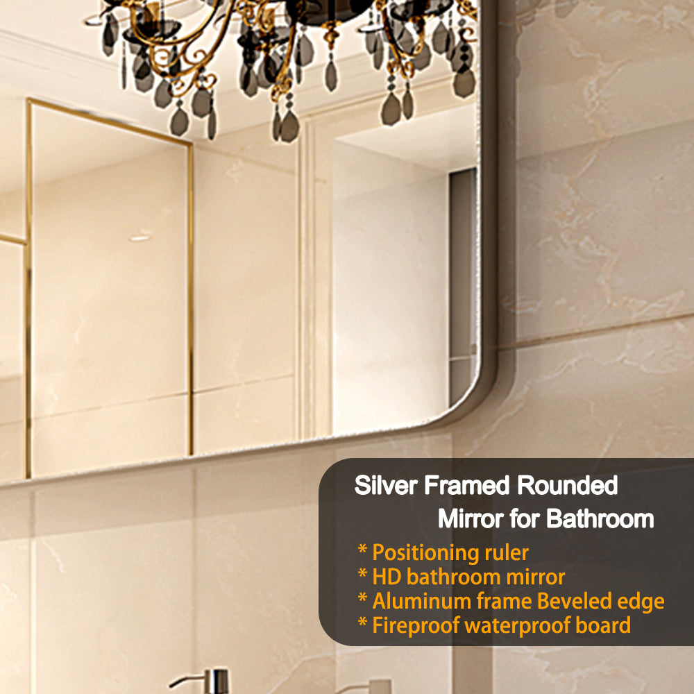 Glossy Brushed Silver Rounded Corner Rectangle Wall Mirror 36x30inch  (Horizontal & Vertical)