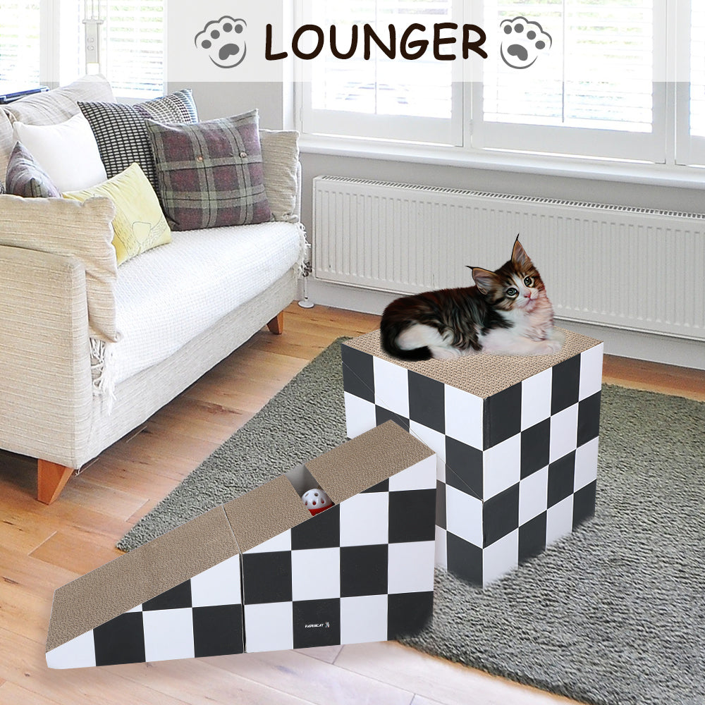 Cat Scratching Board with Ball, Triangle Cat Scratching Cardboard, Multiple Scratching Angles, 2-in-1 Scratching Lounge Bed, Recyclable and Durable, Furniture Protector, Black and White