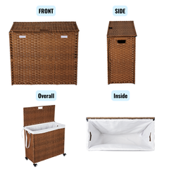 Laundry Hamper With Lid PE Rattan Powder Coating Frame Clothes Hampers with 2 Removable Bags, Wheels, 160L, Brown Color