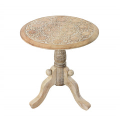 French Style Intricately Carved Round Top Mango Wood Side End Table with Pedestal Base - Natural and White
