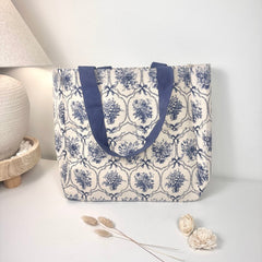 French Provençale Style Tote Bag 14" tall Eco-Friendly botanical floral print - Blue and White