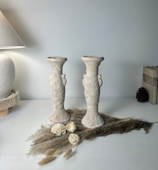 Set of 2 candlestick tray holders hand-painted and textured minimalist roman style 12" tall - Cream Sand wash