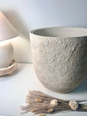 17" tall Minimalist Hand-Painted & Textured Planter Pot with Drainage Hole one time creation - cream sand wash