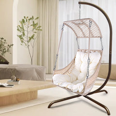 Swing Egg Chair with Stand Indoor Outdoor, UV Resistant Cushion Hanging Chair with Cup Holder - Beige