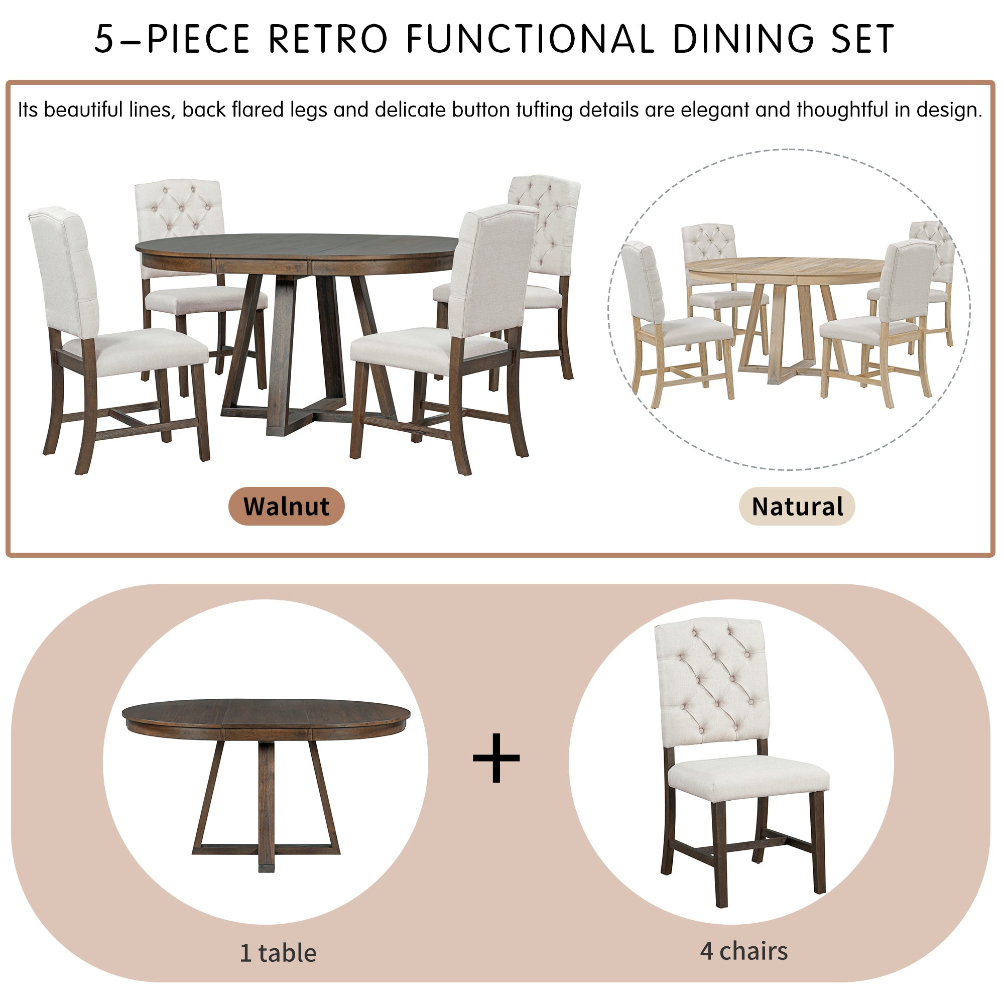 5-Piece Retro Functional Dining Set, Round Table with a 16"W Leaf and 4 Upholstered Chairs - Walnut