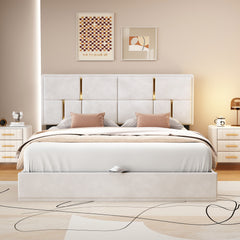 Queen Size Upholstered Platform Bed with Hydraulic Storage System, No Box Spring Needed - Beige