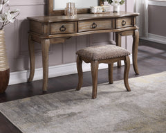Contemporary Antique Oak Color Vanity Set with Stool Retro Style Drawers Cabriole-tapered Legs Mirror with Floral Crown Molding