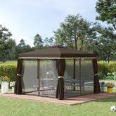 10'x10' Patio Gazebo, Aluminum Frame Double Roof Outdoor Gazebo Canopy Shelter with Netting & Curtains, for Garden, Lawn, Backyard and Deck - Coffee