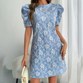 Floral Jacquard Mini Dress, Puff Sleeve, Crew Neck, Light Blue