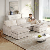 Corduroy Fabric 3-Seater Comfy Cloud Couch with 2 Movable Footrest for Living Room,Oversized Deep Seat U Shaped Couch Set, Upholstered Large Size Deep Seat 2-Seat Sofa with 3 cushions