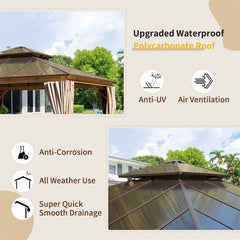 12'x12' Hardtop Gazebo, Permanent Outdoor Gazebo with Polycarbonate Double Roof, Aluminum Gazebo Pavilion with Curtain and Net for Garden, Patio, Lawns, Deck, Backyard (Wood-Looking)