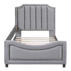 Twin Size Upholstered Daybed with Classic Stripe Shaped Headboard - Gray