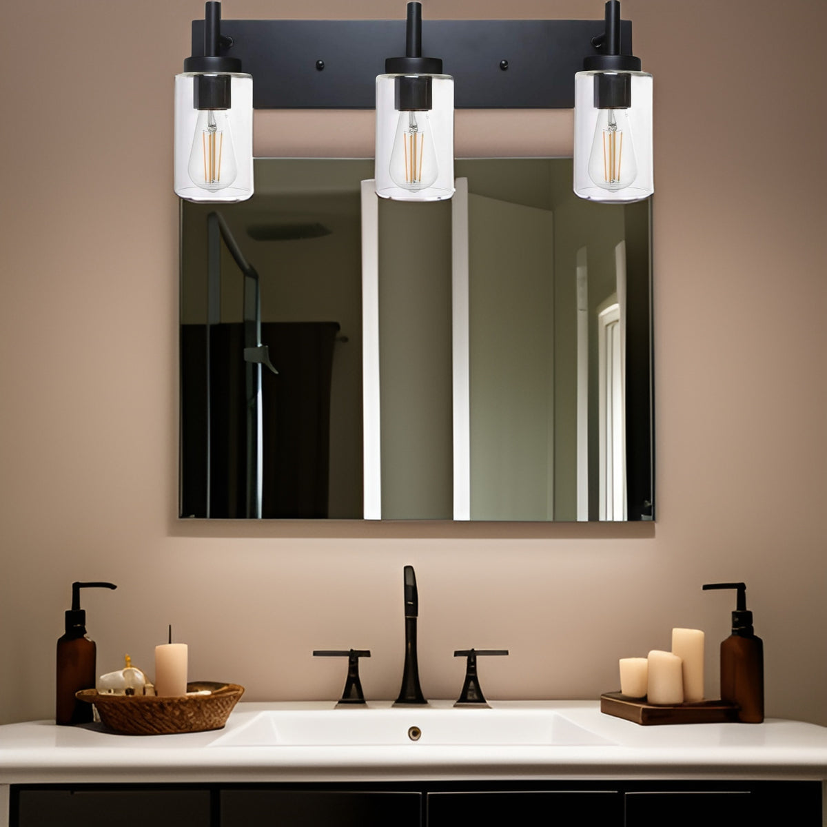 Vanity Bathroom Light Fixture Black 3 Lights Rustic Wall Sconce Lighting with Clear Glass Shade