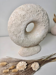 Abstract Minimalist Sculpture Made of Organic Stone, White Donut-Shaped Textured 13" - Cream