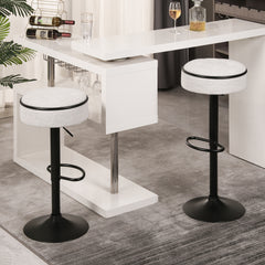 Set of 2 Round Storage Bar Stool, Off White Linen Height Adjustable Barstool, 360°Counter Height Swivel Stool