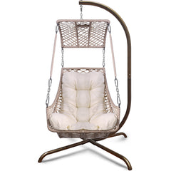 Swing Egg Chair with Stand Indoor Outdoor, UV Resistant Cushion Hanging Chair with Cup Holder - Beige