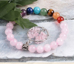 Chakra Pink Quartz Tree of Life - Beaded Bracelet