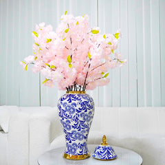 18"H White Ceramic Ginger Jar Vase with Blue & Gold Accents and Removable Lid