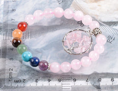 Chakra Pink Quartz Tree of Life - Beaded Bracelet