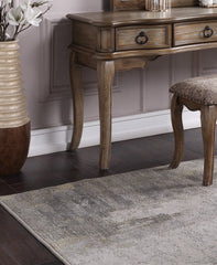Contemporary Antique Oak Color Vanity Set with Stool Retro Style Drawers Cabriole-tapered Legs Mirror with Floral Crown Molding
