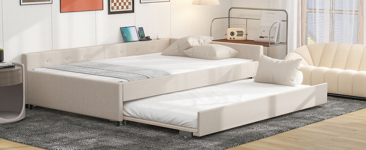 Full Size Upholstered Platform Bed with USB and Twin Size Trundle - Beige